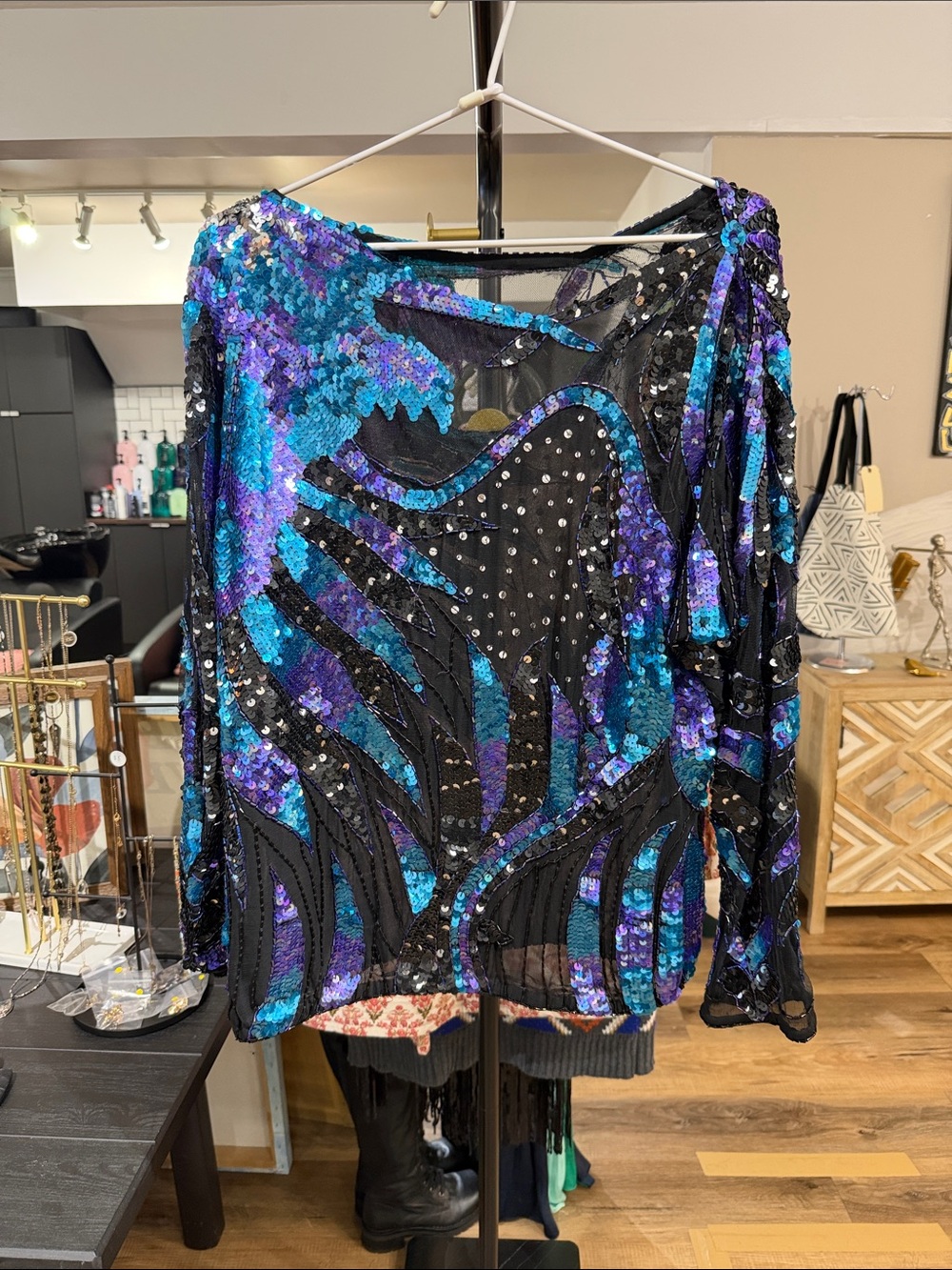 Sequined Long-Sleeve Sheer Panel Top in Blue & Purple